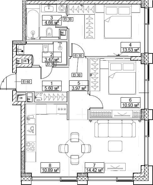Планировка: Евротрёшка 67,5 м² в ЖК «Сити Бэй»