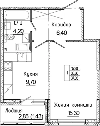 Планировка: 1-комнатная квартира 35,6 м² в ЖК «Аквилон Янино»