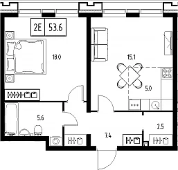 Планировка: Евродвушка 53,6 м² в ЖК «Сколково ВАН»