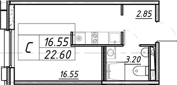 Планировка: Студия 22,6 м² в ЖК «АВЕНЮ-АПАРТ ПУЛКОВО»