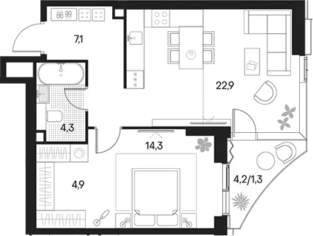 Планировка: Евродвушка 53,4 м² в ЖК «Клубный город на реке Примавера»