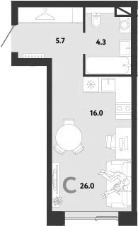 Планировка: Студия 26 м² в ЖК «Страна.Заречная»