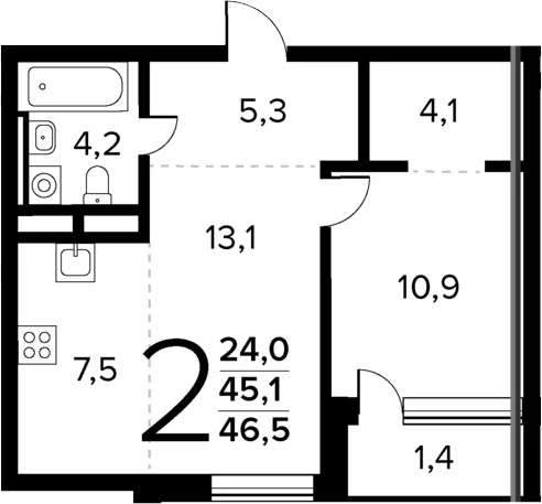 Планировка: Евродвушка 45,1 м² в ЖК «Новые Ватутинки Квартал у реки»