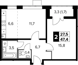Планировка: Евродвушка 45,7 м² в ЖК «1-й Донской»
