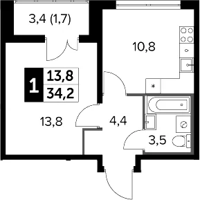 Планировка: 1-комнатная квартира 32,5 м² в ЖК «Южная Битца»