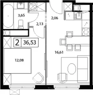 Планировка: Евродвушка 36,5 м² в ЖК «У реки.Эко Видное 2.0»