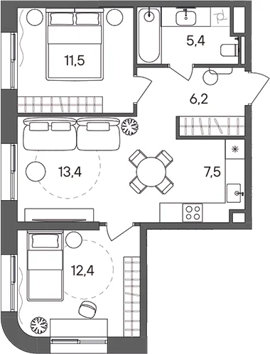 Планировка: Евротрёшка 56,4 м² в ЖК «СТОУН Сокольники»