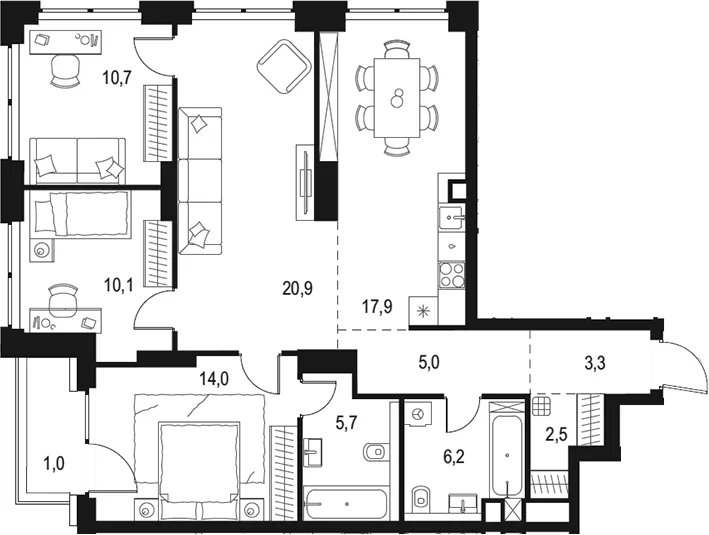 Планировка: 4-комнатная квартира 96,3 м² в ЖК «Левел Звенигородская»