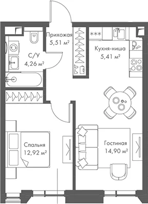 Планировка: Евродвушка 43 м² в ЖК «МИРА»