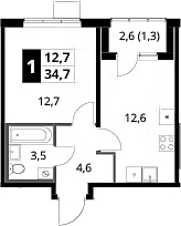 Планировка: 1-комнатная квартира 33,4 м² в ЖК «1-й Ясеневский»