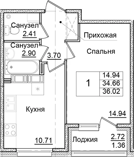 Планировка: 1-комнатная квартира 34,7 м² в ЖК «Квартал Заречье»