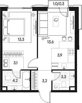Планировка: Евродвушка 44,6 м² в ЖК «Клубный город на реке Примавера»
