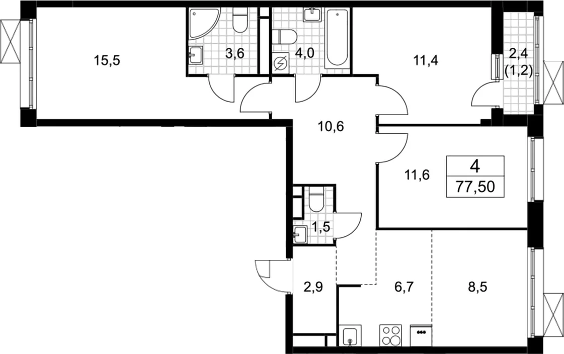 Планировка: Квартира евро-4 76,3 м² в ЖК «Родные кварталы»