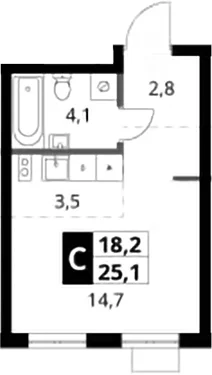 Планировка: Студия 25,1 м² в ЖК «1-й Ясеневский»