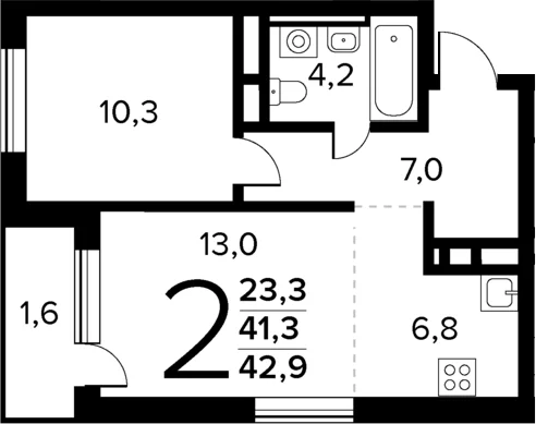Планировка: Евродвушка 41,3 м² в ЖК «Новые Ватутинки Квартал у реки»