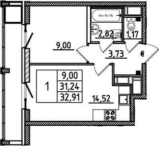 Планировка: 1-комнатная квартира 31,2 м² в ЖК «Южный Форт»