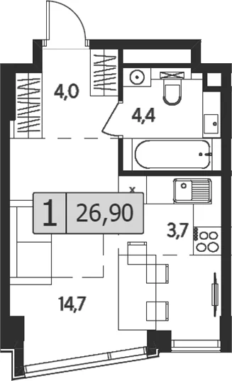 Планировка: Студия 26,9 м² в ЖК «Инди Тауэрз от Аквилон»