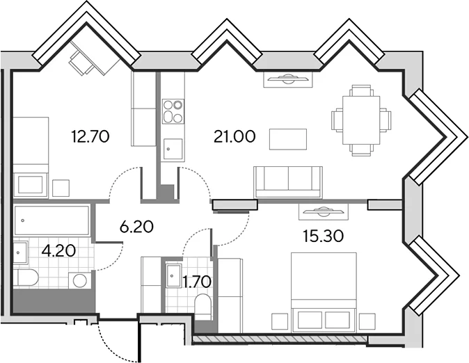Планировка: Евротрёшка 61,1 м² в ЖК «Вейв»