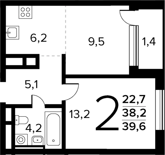 Планировка: Евродвушка 38,2 м² в ЖК «Новые Ватутинки Квартал у реки»