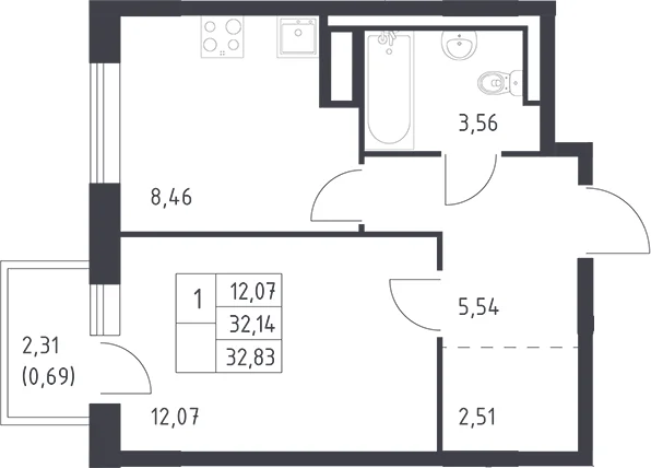 Планировка: 1-комнатная квартира 32,1 м² в ЖК «Квартал Лаголово»