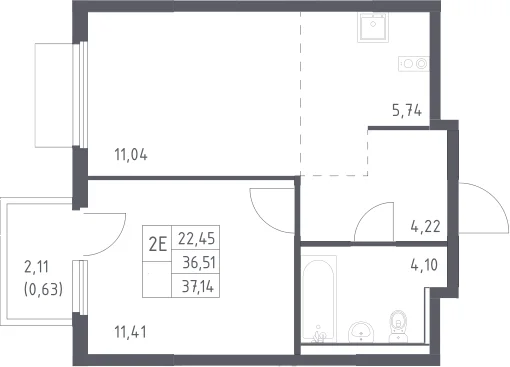 Планировка: Евродвушка 36,5 м² в ЖК «Пригород Лесное»