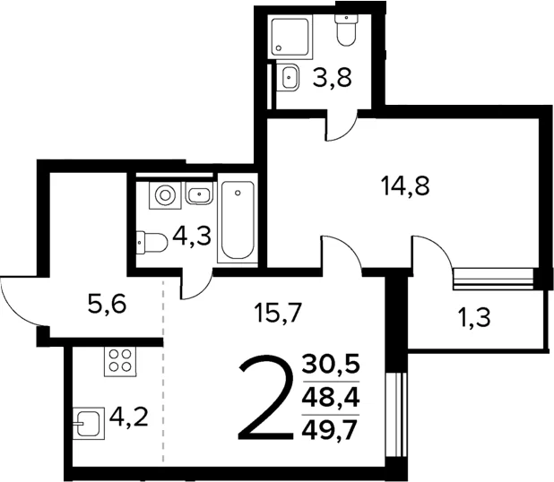 Планировка: Евродвушка 48,4 м² в ЖК «Новые Ватутинки Квартал у реки»