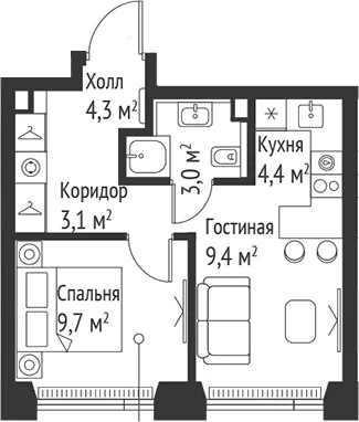 Планировка: Евродвушка 33,9 м² в ЖК «СЕТ»