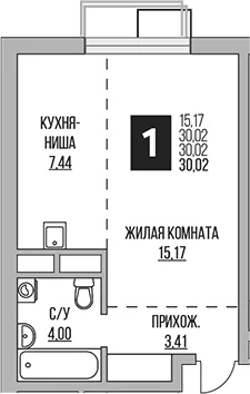 Планировка: Студия 30 м² в ЖК «Гранель Притяжение Сити»