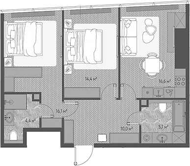 Планировка: Евротрёшка 67,2 м² в ЖК «ОНЕ»