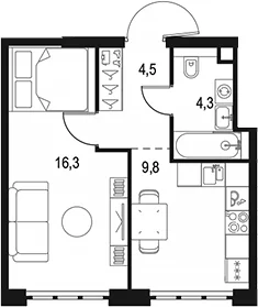 Планировка: 1-комнатная квартира 34,9 м² в ЖК «Левел Южнопортовая»