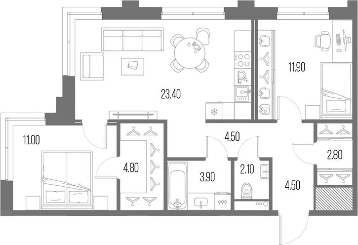 Планировка: Евротрёшка 68,9 м² в ЖК «Легенда на Охте»
