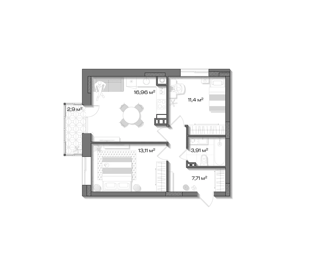 Планировка: Евротрёшка 53,1 м² в ЖК «Аксиома.Возрождение»
