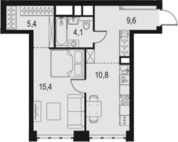 Планировка: 1-комнатная квартира 45,3 м² в ЖК «Левел Южнопортовая»