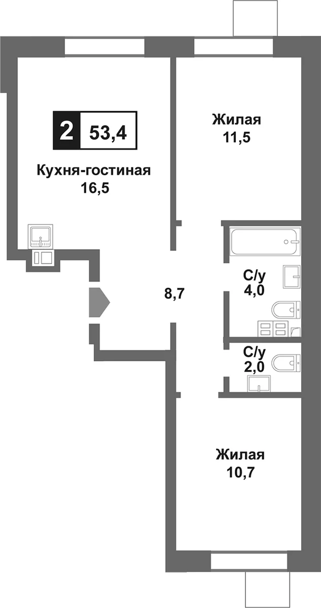 Планировка: Евротрёшка 53,4 м² в ЖК «Лесная Отрада»
