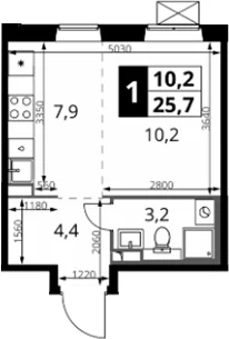 Планировка: Студия 25,7 м² в ЖК «1-й Южный»