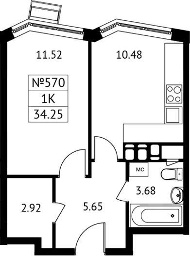 Планировка: 1-комнатная квартира 34,3 м² в ЖК «Новотомилино»