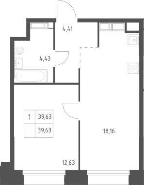 Планировка: 1-комнатная квартира 39,6 м² в ЖК «Тропарево Парк»