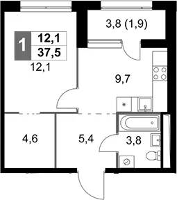 Планировка: 1-комнатная квартира 35,6 м² в ЖК «Скай Гарден»