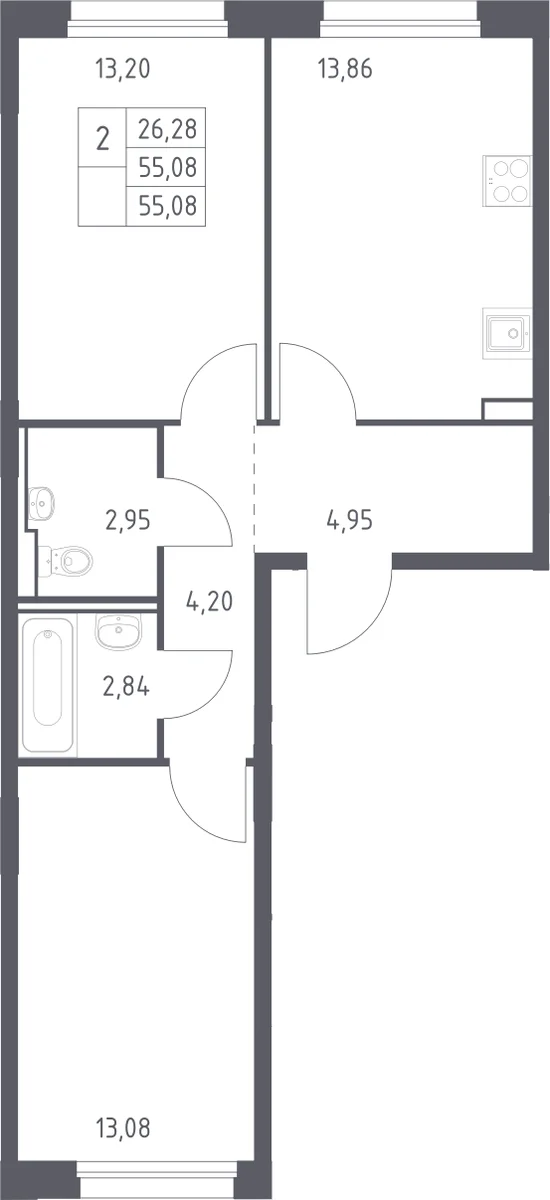 Планировка: 2-комнатная квартира 55,1 м² в ЖК «Прибрежный Парк»