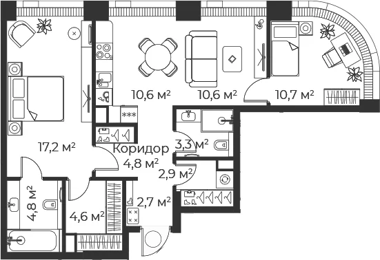 Планировка: Евротрёшка 72,2 м² в ЖК «Веер»