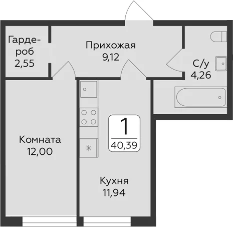 Планировка: 1-комнатная квартира 40,4 м² в ЖК «Панорама Юкки. ГК Развитие. Санкт-Петербург»