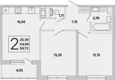 Планировка: Евротрёшка 54,7 м² в ЖК «ЮгТаун. Олимпийские кварталы»