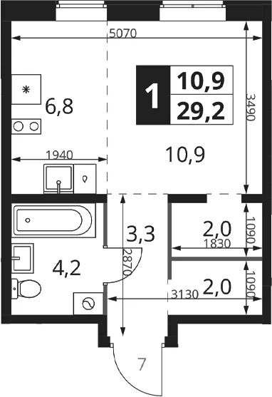 Планировка: Студия 29,2 м² в ЖК «1-й Ясеневский»