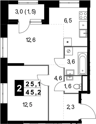Планировка: Евродвушка 43,7 м² в ЖК «1-й Измайловский»