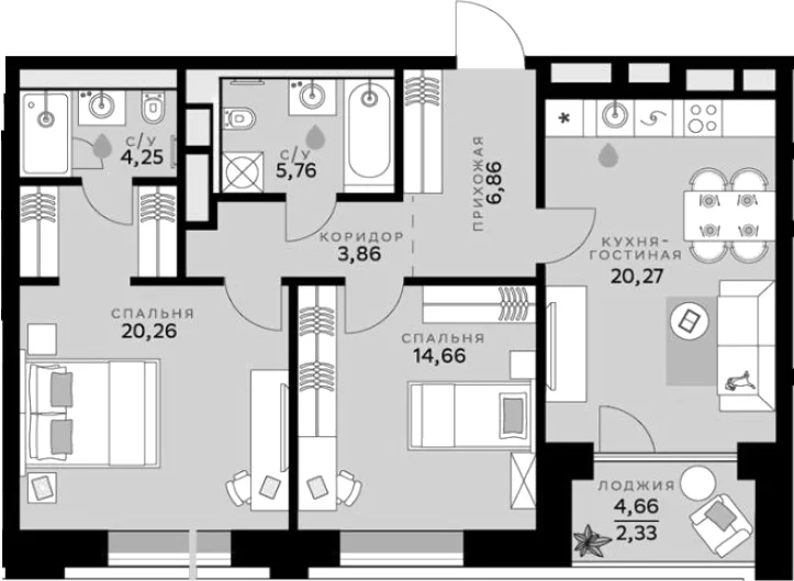 Планировка: Евротрёшка 75,9 м² в ЖК «СберСити»