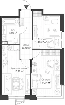 Планировка: 2-комнатная квартира 49,8 м² в ЖК «ВЕРЕН НОРТ Cертолово»