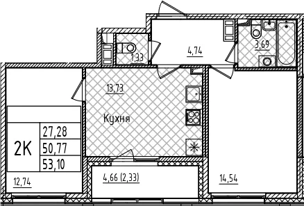 Планировка: 2-комнатная квартира 50,8 м² в ЖК «Гранат»