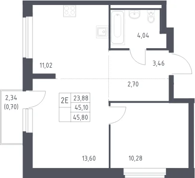 Планировка: Евродвушка 45,1 м² в ЖК «Горки Парк»