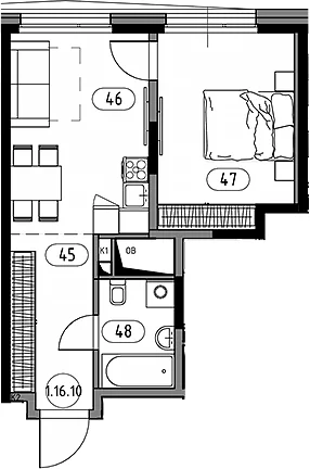 Планировка: Евродвушка 41,8 м² в ЖК «Кинетик. Резиденции на Дмитровском»