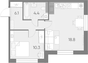 Планировка: Евродвушка 39,6 м² в ЖК «Большая Охта»
